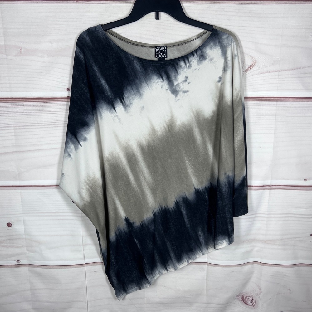 Clara Sunwoo Top Womens XL Black White Grey Tie Dye Asymmetrical Dolman Sleeve